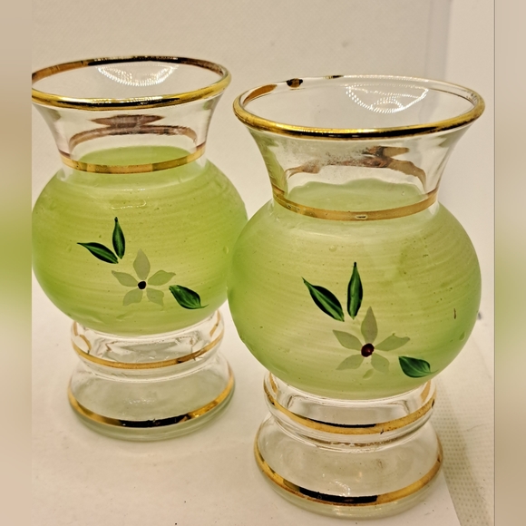 4 Small Vintage Bartlett Collins Green Frosted Glass, Hand Painted Vases - Picture 5 of 8